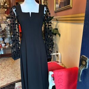 NEVER WORN Elegant Black Dress with Sheer Polka Dot Sleeves